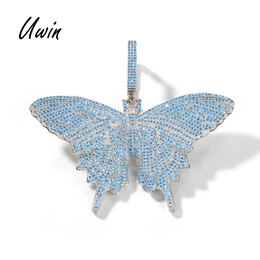 

Blue CZ Butterfly Pendant Charm with Tennis Chain Women Men Cuban Necklace Bling Rapper Jewelry