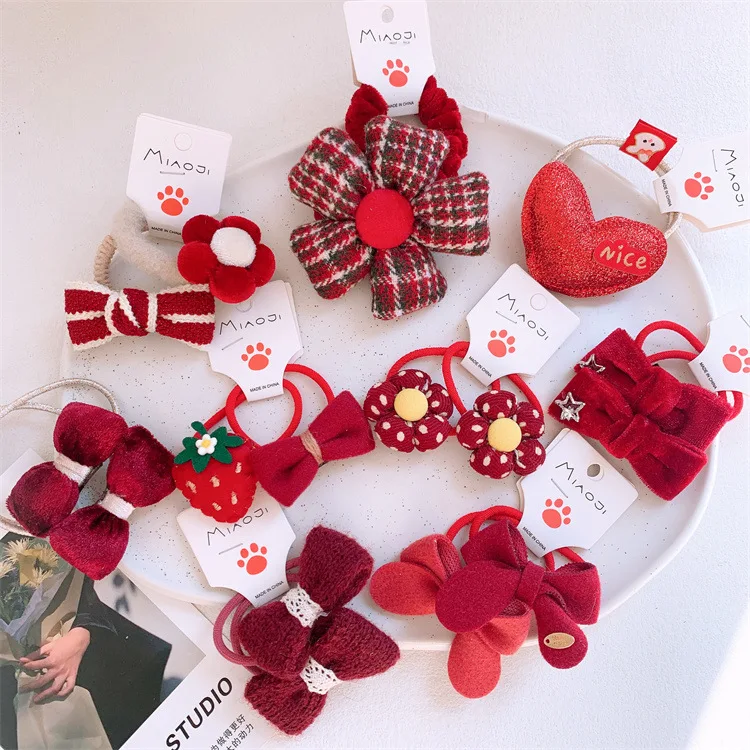 

China New Year Red Bow Hair Tie Cute Girls Flower Hair Rope Does Not Hurt Hair Rubber Band Scrunchies Children Accessories