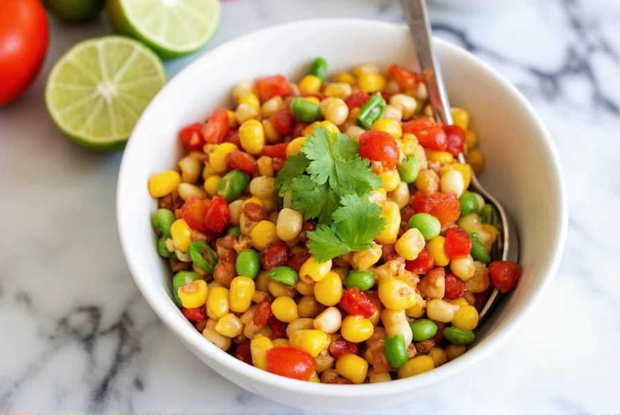 Colorful bowl of chili-lime corn salad with fresh cilantro garnish on marble countertop