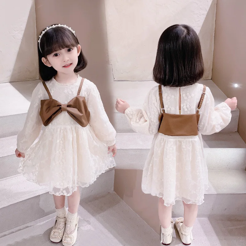 

New fashion toddler Girls long sleeve flower lace embroidered bow dress Girls princess Dress, Picture shows