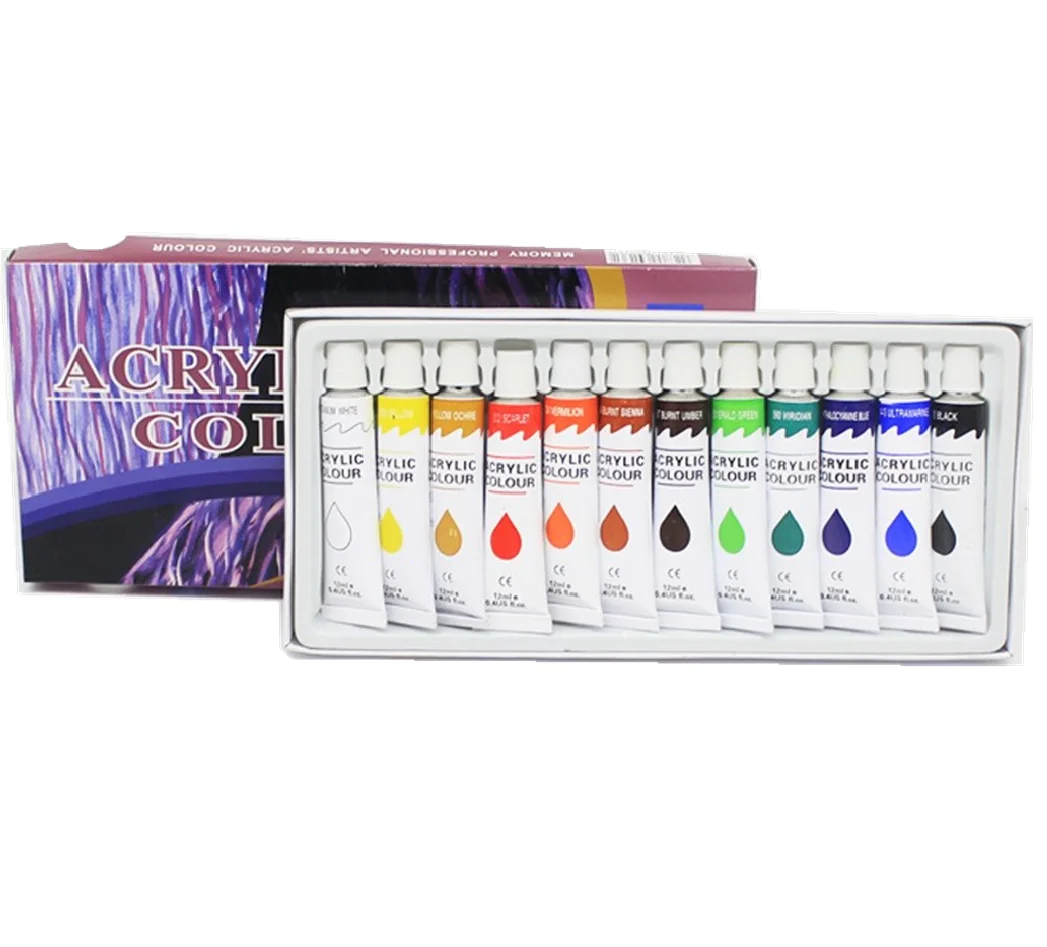 Hot Sell 12 Colour  12ml Professional Quality Acrylic Paint Set for Canvas