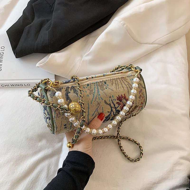

Embroidery Ladies Ink Pattern Landscape Shoulder Messenger Purses Women Chains Bags With Scarves Women Hand Bags, As picutre
