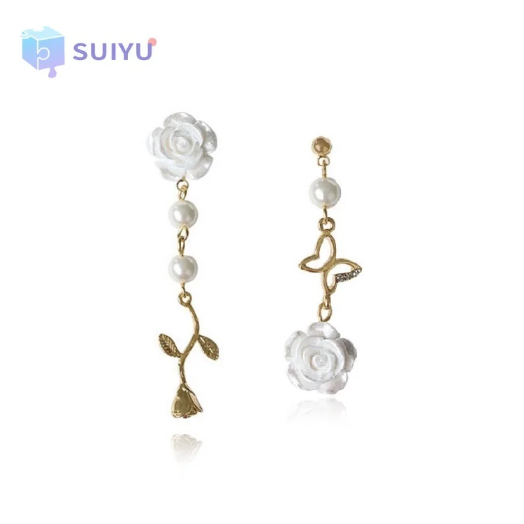 

Hot Sale White Rose Asymmetrical Wedding Earrings Elegant European Style Rose Butterfly Rhinestone Designer Long Drop Earrings, Gold, white