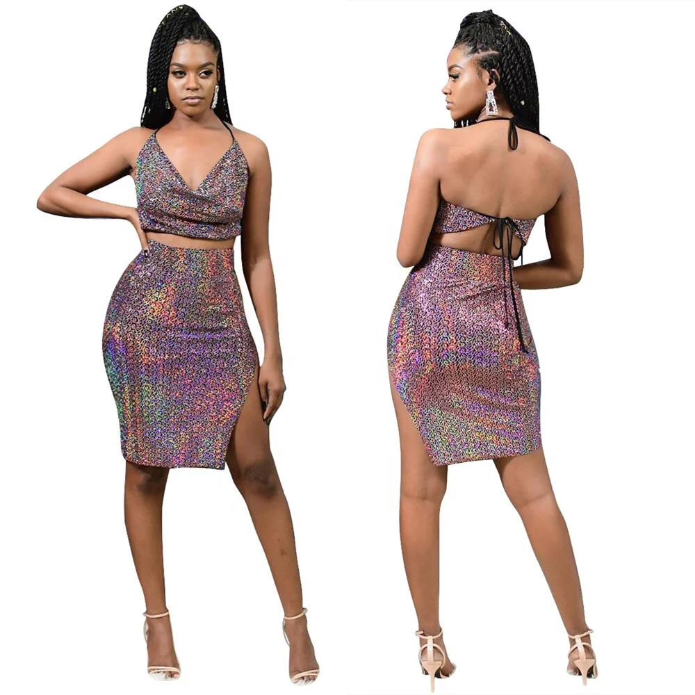 

B34650A 2019 Sexy lady low cut halter neck side split 2 pcs bandage dress, Shown