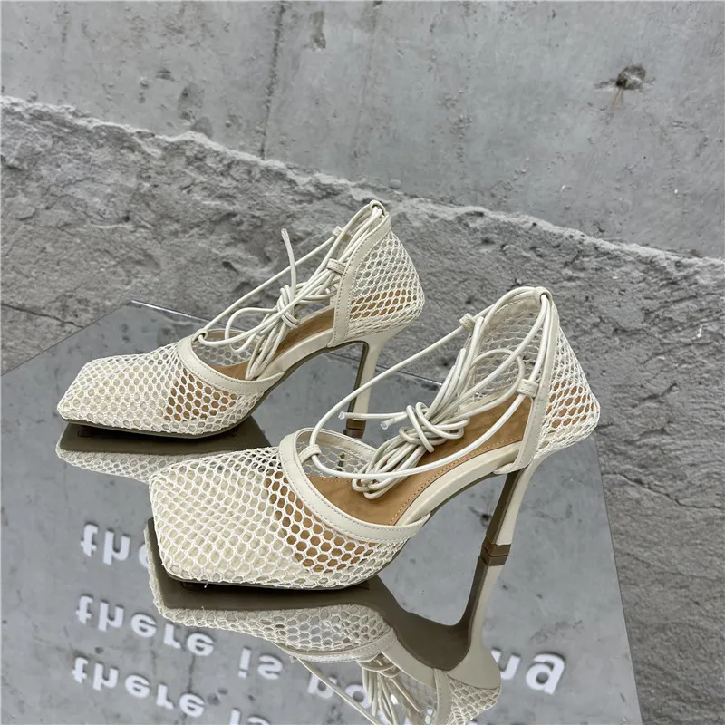 

Eilyken 2021 New Sexy Yellow Mesh Pumps Sandals Female Square Toe high heel Lace Up Cross-tied Stiletto hollow Dress shoes