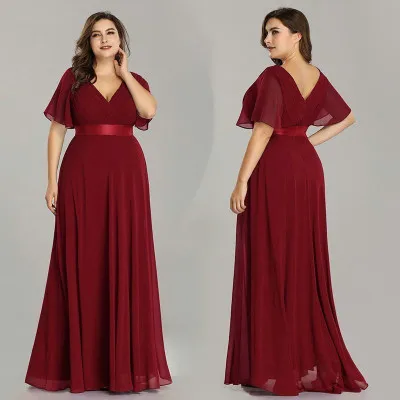

Plus Size Evening Dresses Pretty V-neck Elegant A-line Chiffon Long Party Gowns 2019 Short Sleeve Occasion Dresses, Custom made