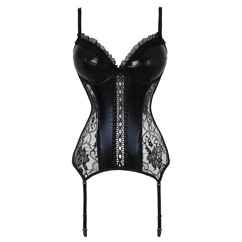 

Sexy Mesh Jacquard Corsets And Bustiers Lace Overbust Bustier plus size Push Up Gothic Leather Corset With T Panty, Black, can be customerized