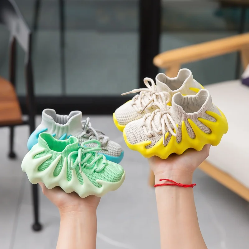 

Spring Fashion Style Breathable Volcano Shape Children Sneakers Comfortable Knitted Upper Casual Footwear Yezzy Shoes, Yellow/green/blue
