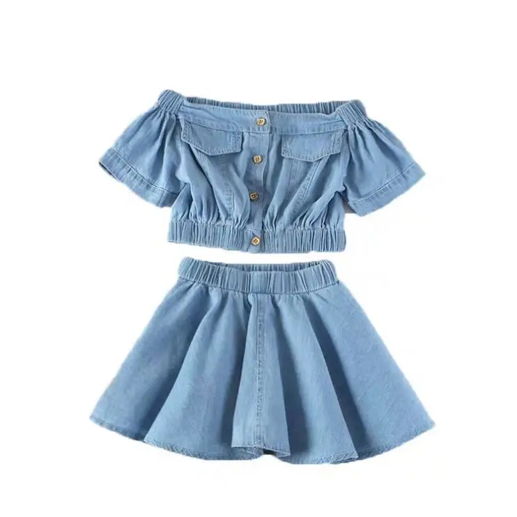 

lyc-1242 2020 Toddler Girl Clothing set kids off shoulder button denim top and jeans skirt set, As picture