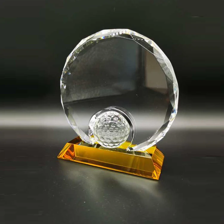 

Custom Design Wholesale Special Offer Round Shape Golf Crystal Award Trophy, Clear
