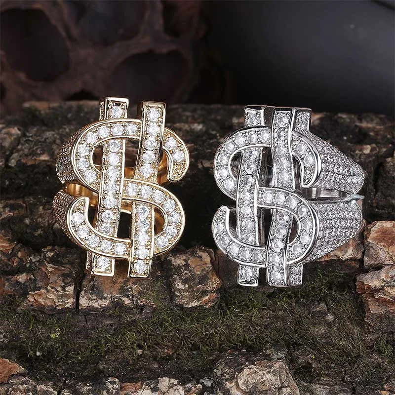 

Hot Sale Zircon Hollow Dollar Symbol Hip Hop Men's Silver Gold Diamond Ring Wholesale, Gold/silver