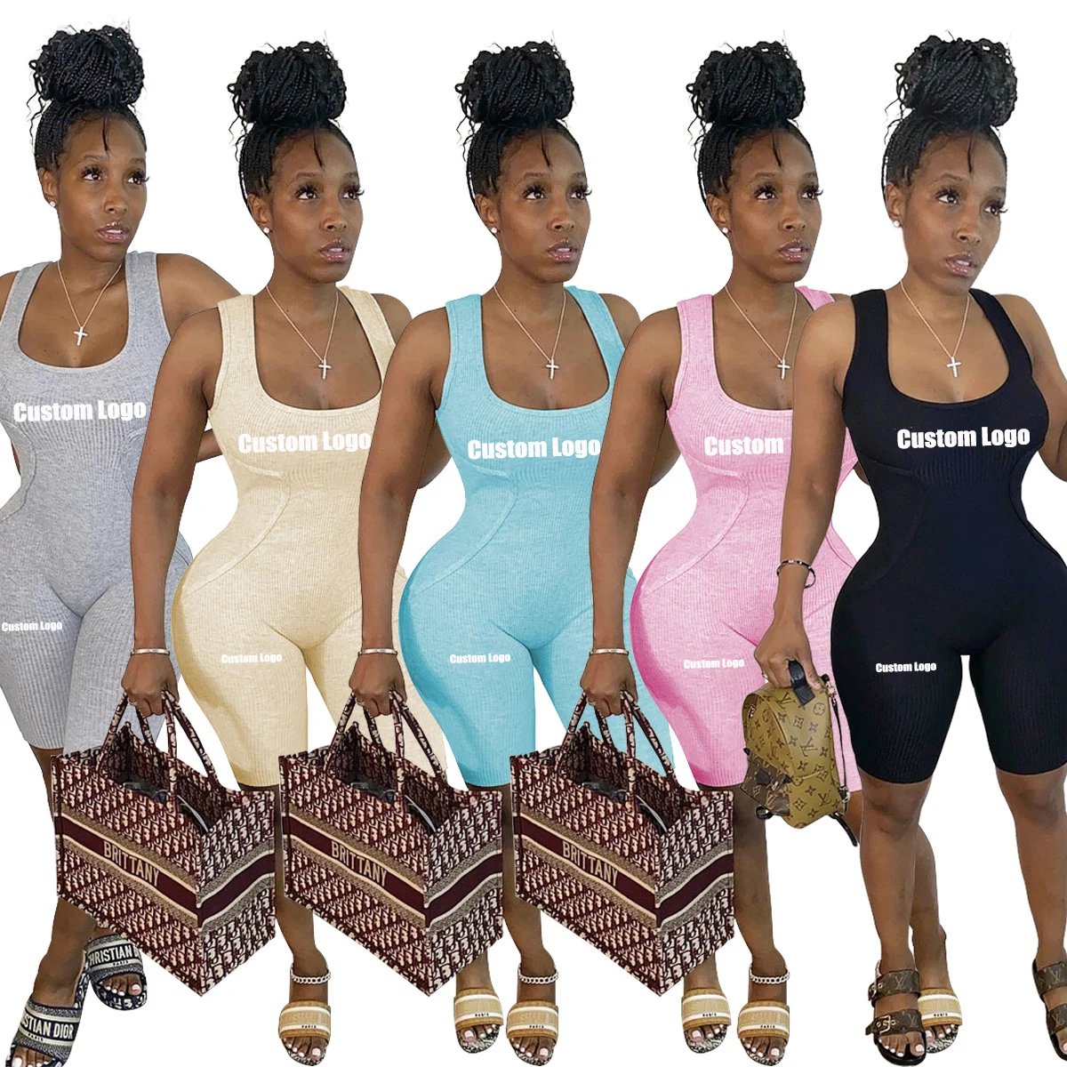 

Custom logo sleeveless bodycon bandage jumpsuit short bodysuits and romper women 2021 summer one piece jumpsuit for women sexy, 5 colors