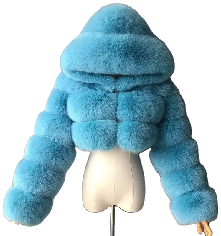 

2021 lady's trendy short cropped hooded faux fur jacket women faux fox fur coat, Customized color