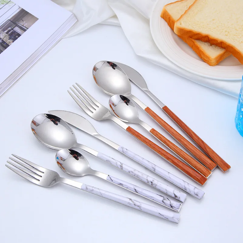 

Luxury Korean marble plastic handle cutlery set spoon fork knife flatware set stainless steel silverware set with wooden handle