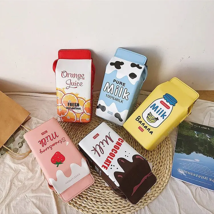 

Female Drink Box Bag Women Shoulder Bags Lovely Milk Cartoon Printing Cute Pink Purse Funny Bag, Strawberry, orange, chocolate, banana, milk