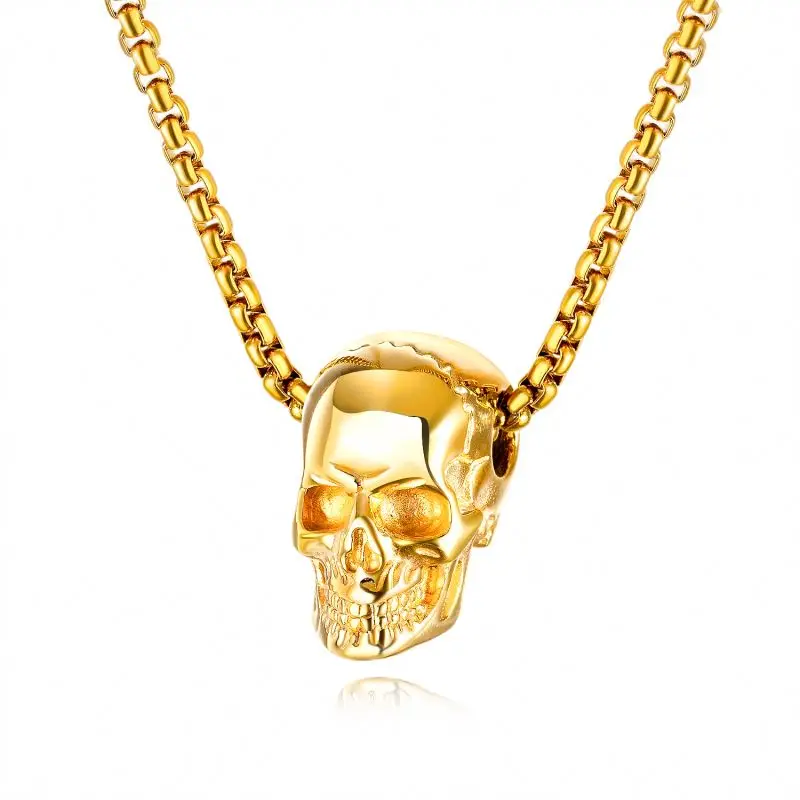 

Wholesale Stainless Steel Punk Jewelry Necklace Silver Black Gold Punk Mens Skull Head Pendant Necklace for Guys