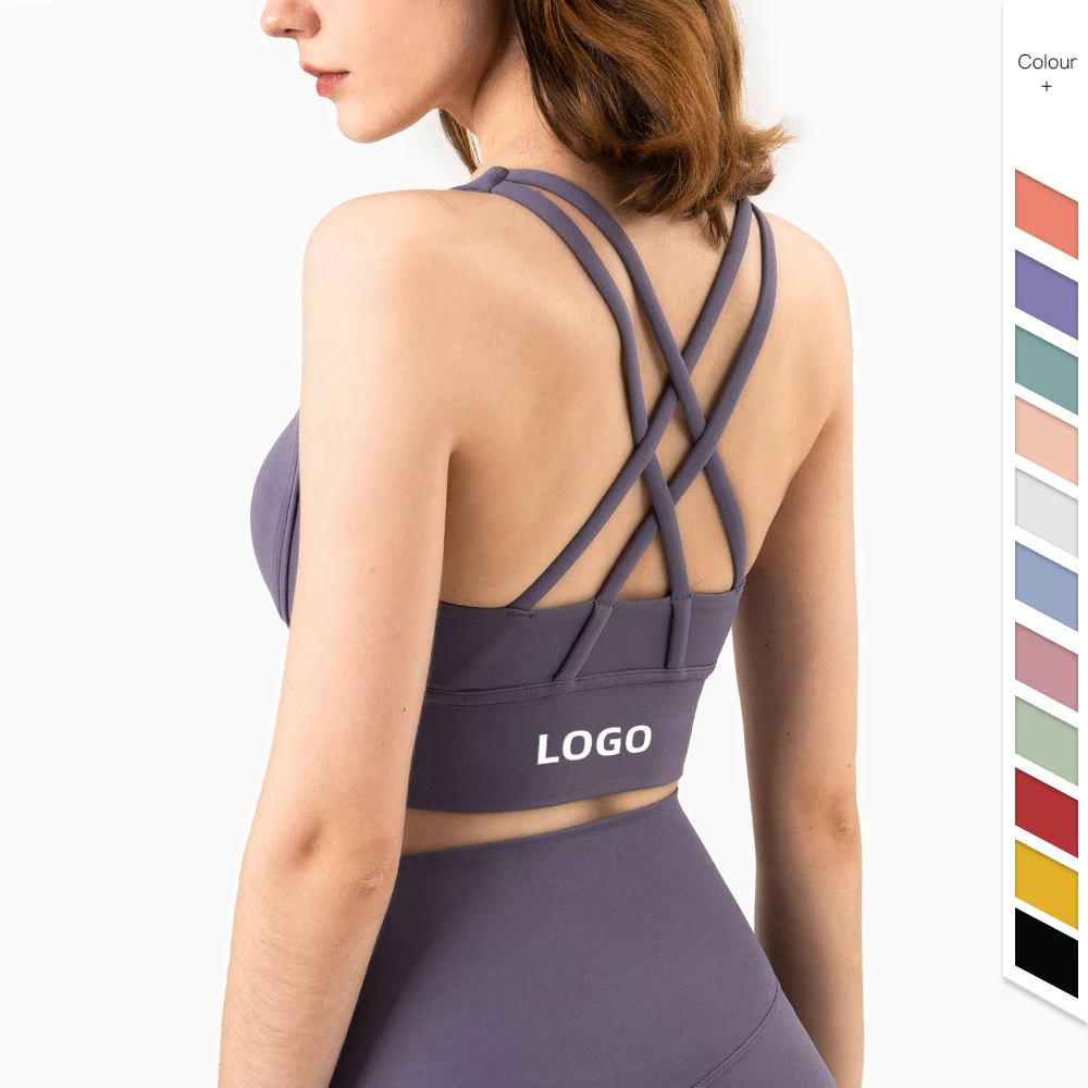 

Custom Logo Running Vest Active Workout High Impact Back Strappy Crop Top Sexy Women Gym Solid Color Sports Bra, Customized colors