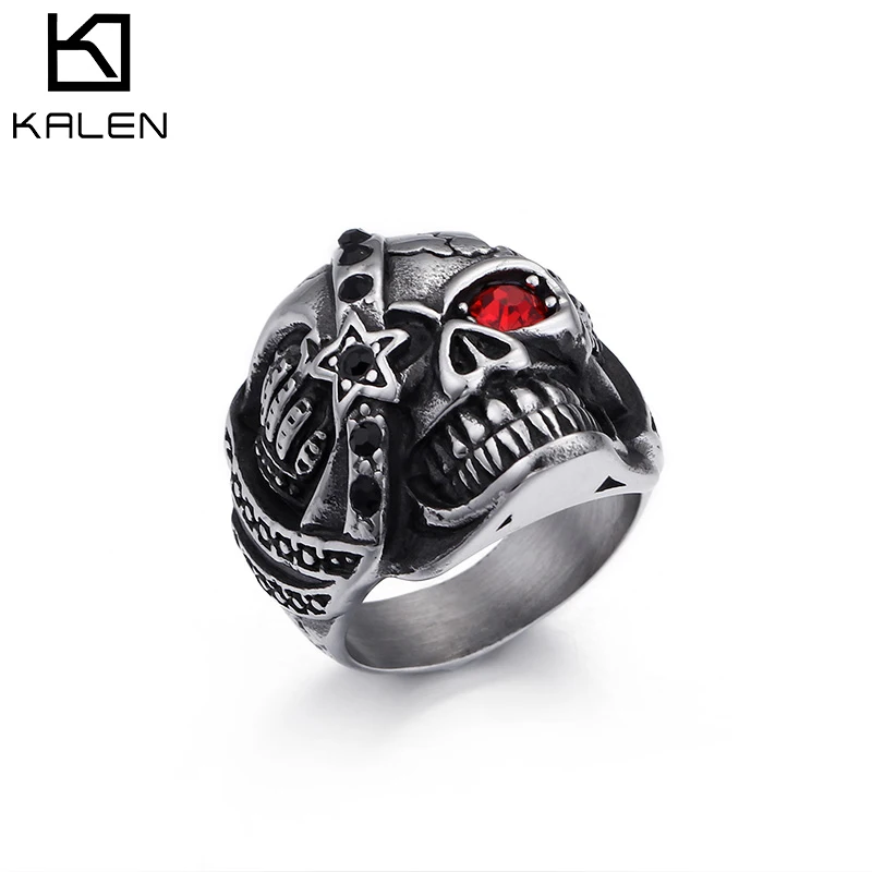 

KALEN Punk Style Red Eyes Skull Crystal Men Rings, Silver
