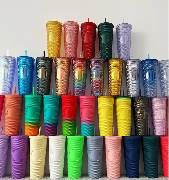 

wholesale gradient colorful 24oz double wall diamond tumbler with lid and straw cute plastic water bottle cups