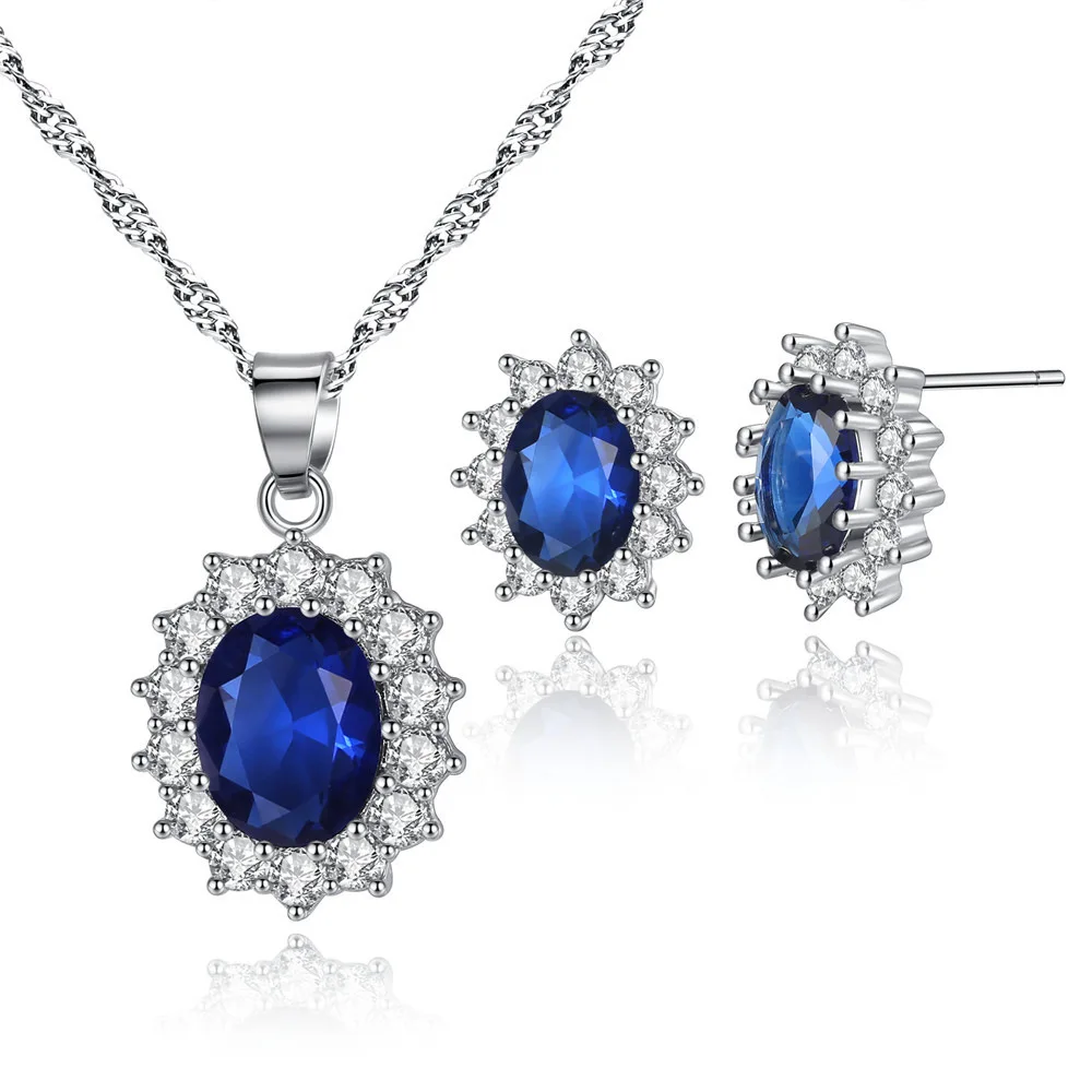 

Christmas Gift Zircon Jewelry Sets Blue Gemstone Pendant Necklace Earrings And Necklaces For Women