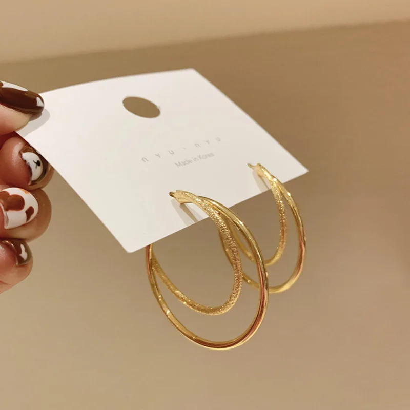 

Korea Style 925 Silver Pin Large Double Circle Earrings Women Vintage 18K Gold Plated High Polished Hoop Earrings, As pictue show