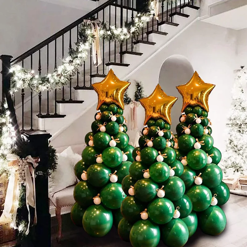 

2023 Merry Christmas 3D DIY Tree Balloons Arch Garland Set with Top Gold Star Foil Balloon column New Year Home Decorations