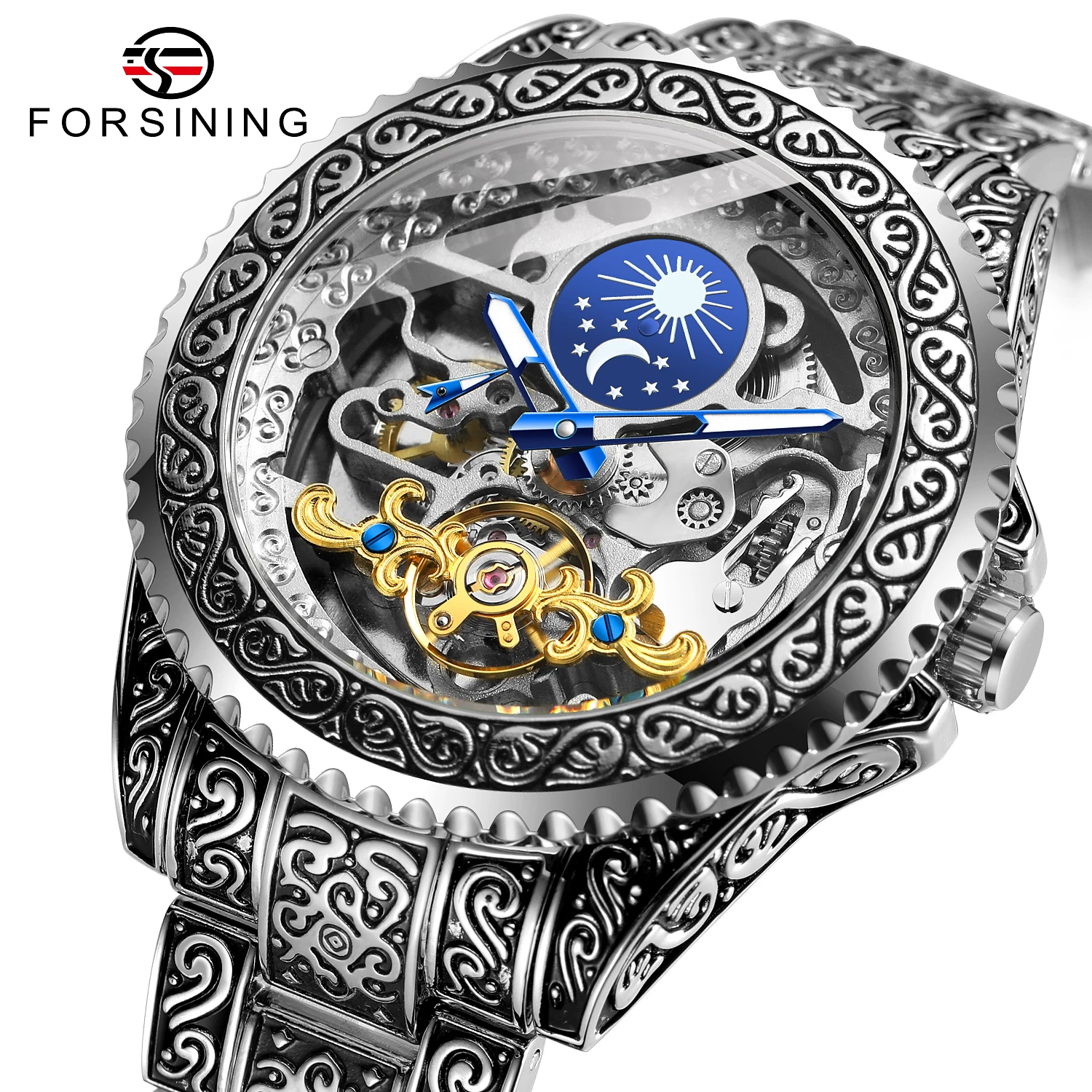 

China Most Popular Products Forsining OEM Stainless Watch Skeleton Tourbillon Moon Phase Automatic Mechanical Watches for Men
