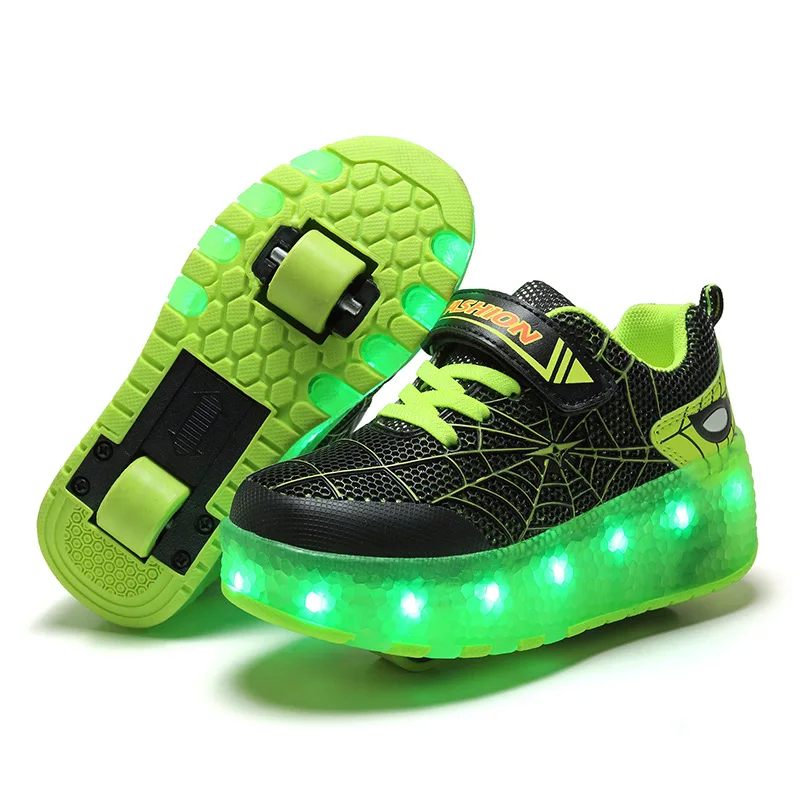 

Durable Skate Shoes for Kids Roller Shoes with Spider Upper Wing USB Charge Light Up Led Sport Casual Shoes Children