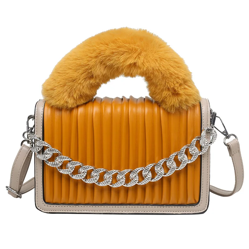 

korea fashion ladies handbag chain small square female bag wrinkle pu leather pink fur hand bag, Different colors