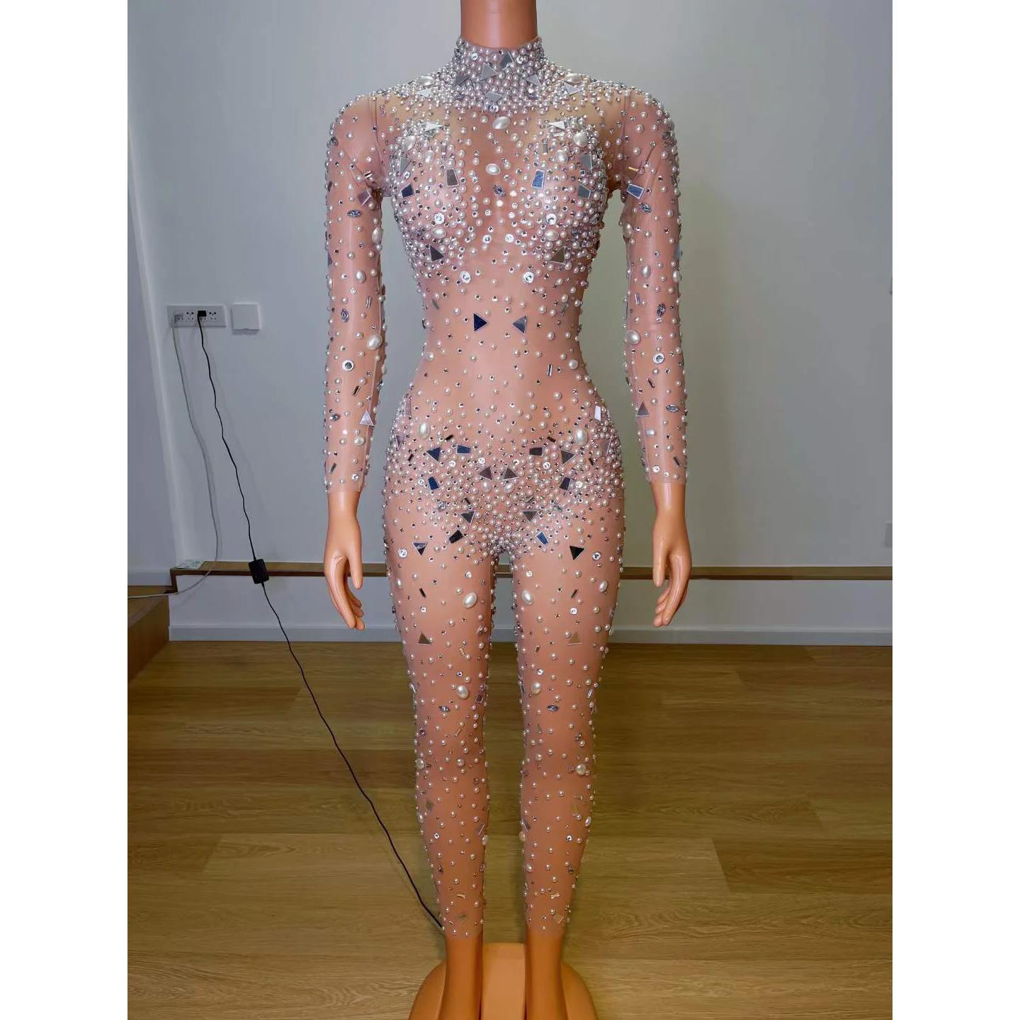 

Fashion Women Rhinestone Beaded Sexy Jumpsuit Club Wear High Neck Long Sleeve Women Bodycon One Piece Jumpsuit