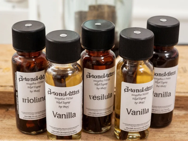 Bottles of homemade vanilla extract with different bean varieties