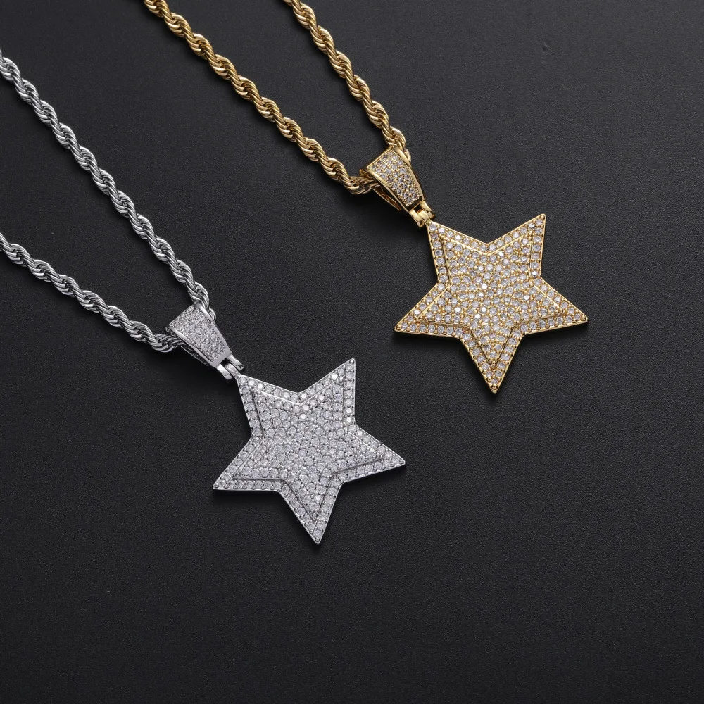 

Fashion Charm Gold Men Hip hop Iced Out Bling Pave Setting Zircon five-pointed Star Sign Shape Pendant Necklaces, As pic shown