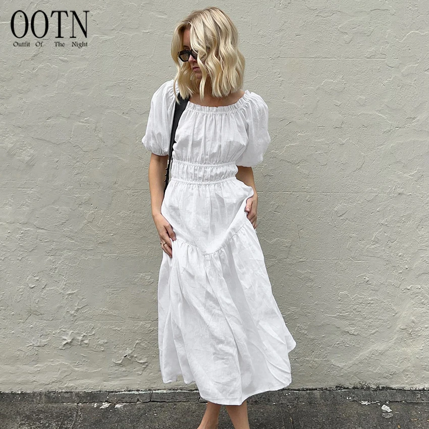 

OOTN Split Long Beach A-Line Dress Lady 2023 Hollow Out V-Neck Cross Straps Dress Sexy Women Vacation Cotton Linen Dress