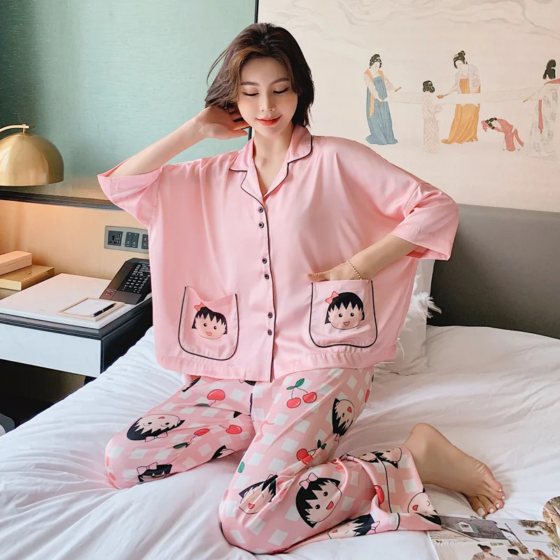 

New Fashion Breathable pink Mujer Ladies Cartoon Nightwear ice Silk Pijamas sets