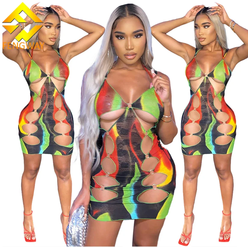 

Fengway Summer Fashion Printed Mesh Mini Dress Halter Backless Dresses Hollow Out Sexy Dress For Ladies