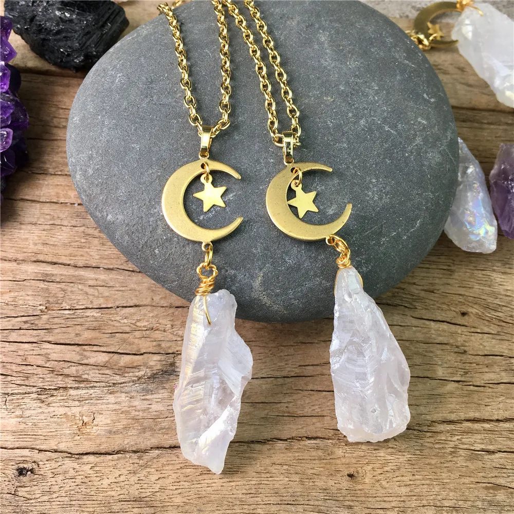 

LS-B1204 Fantastic Aura Quartz crystal Pendant Necklace| bohemian aura crystal, moonstone necklace birthstone jewelry