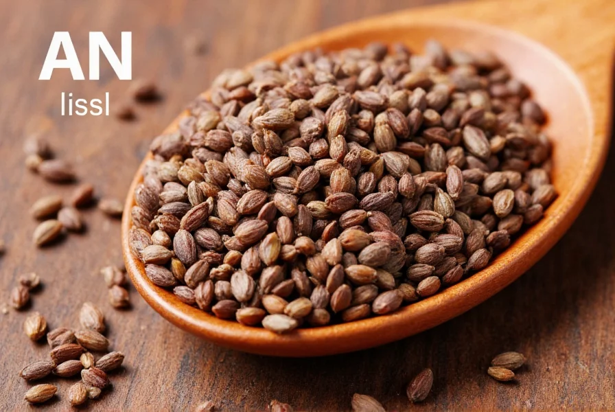 Close-up of anise seeds on wooden spoon with phonetic pronunciation guide AN-iss displayed