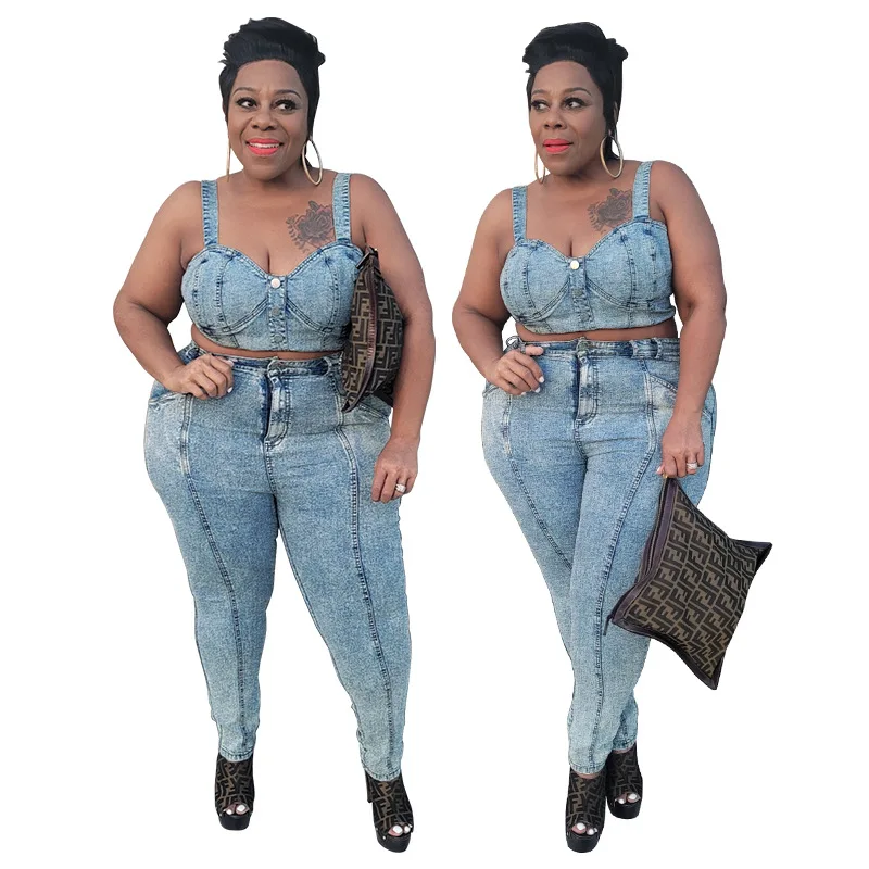 

2021 Newest Design Casual Loose Fashion Summer Washing Process Denim Set Set 5xl Plus Size Short Sets Women Two Piece, As picture or customized make