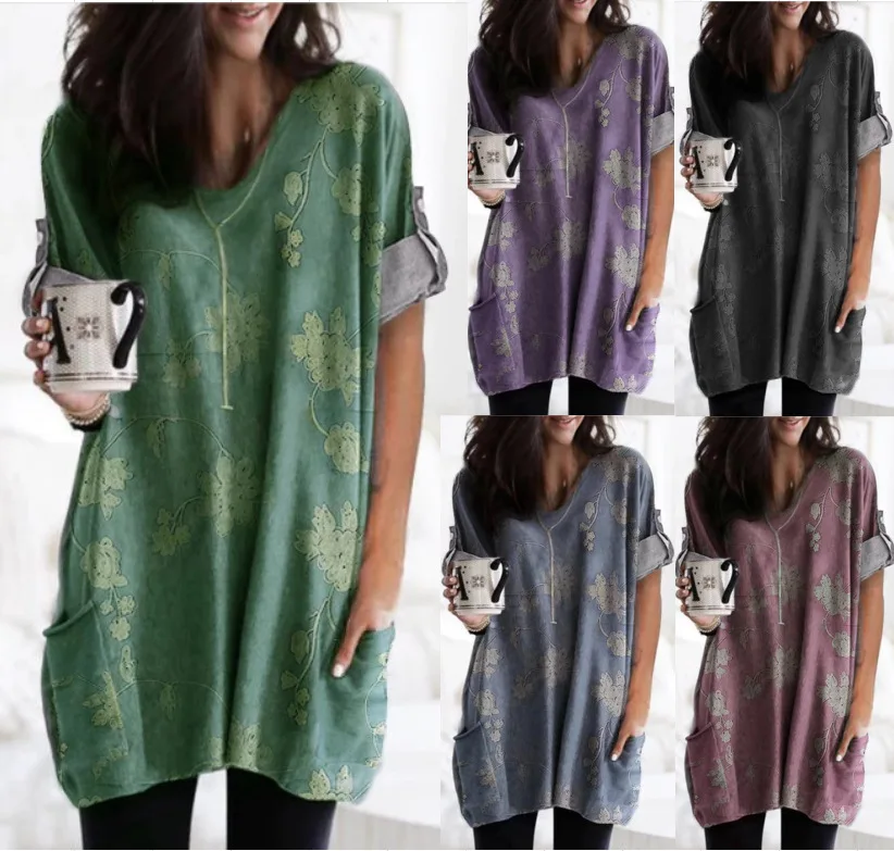 

WW-0100 Autumn Long-sleeved Casual Pocket T-shirts Top Dress Long Sleeve Top For Girls Women Clothes, Customized color