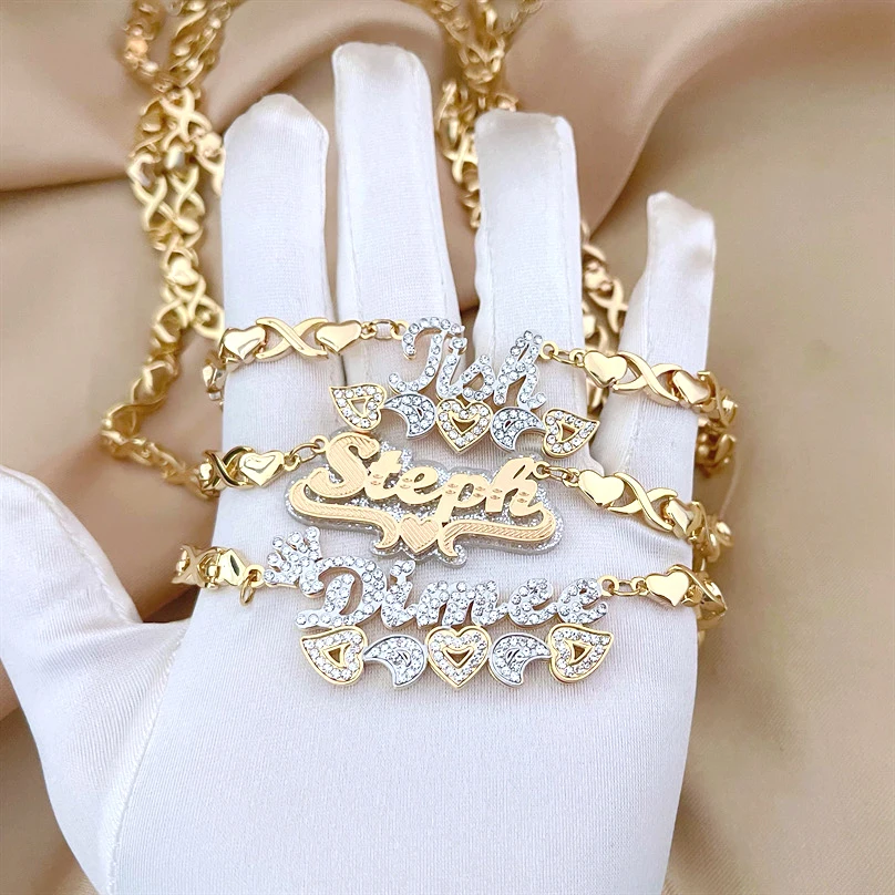 

Double Nameplate Woman hugs and kisses gold name plate necklace custom xoxo link chain jewelry, Gold /silver
