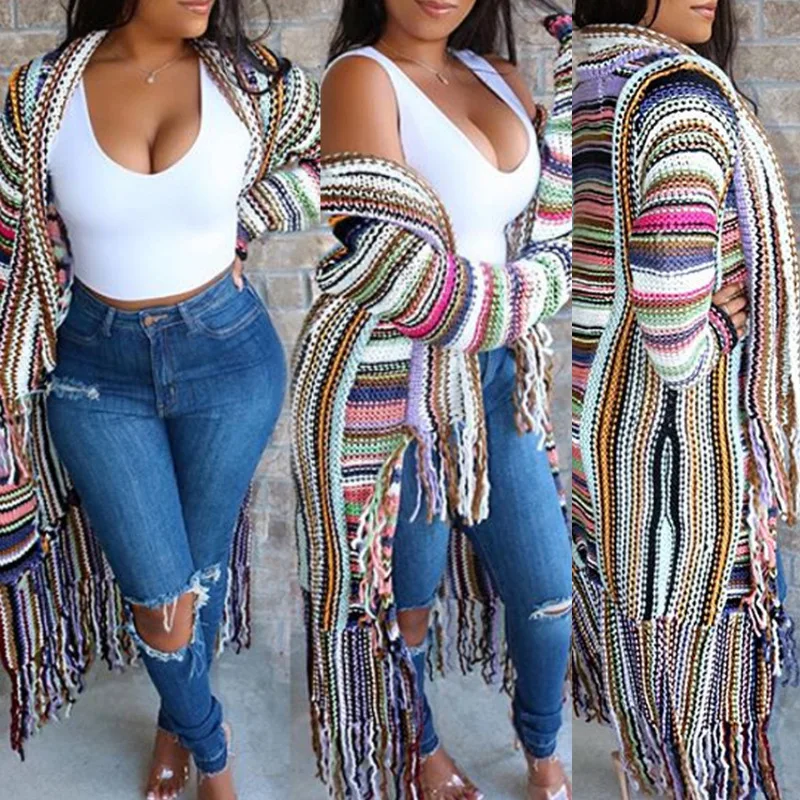 

2020 Winter Amazon Long Knitted Cardigan Fringed Stripes Color Jacket Women Sweater Cardigan For Women, White