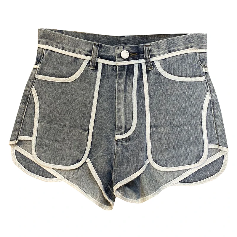 

TWOTWINSTYLE 2024 Summer Cotton Material Color Splicing High Waist Denim Shorts For Women