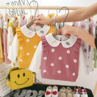 

2pcs New Designs Autumn Boutique Long Sleeve Knitting Polka Dots Vest Ruffled Shirts Baby Girl sets Clothes Clothing