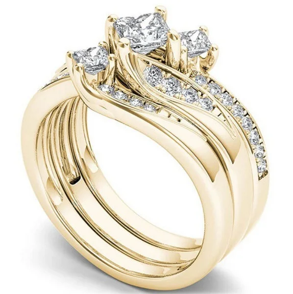 

3PCS 14k Gold Filled Engagement Ring Diamond Cubic Zirconia Jewelry Sets Lover's Couple Wedding Rings for Women, Gold;silver;rose gold