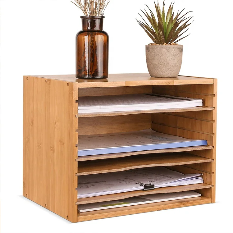 
Bamboo Desk File Sorter Organizer, All Purpose Document Letter Mail Tray Sorter with 4 Adjustable Shelves Home Office, Natural 