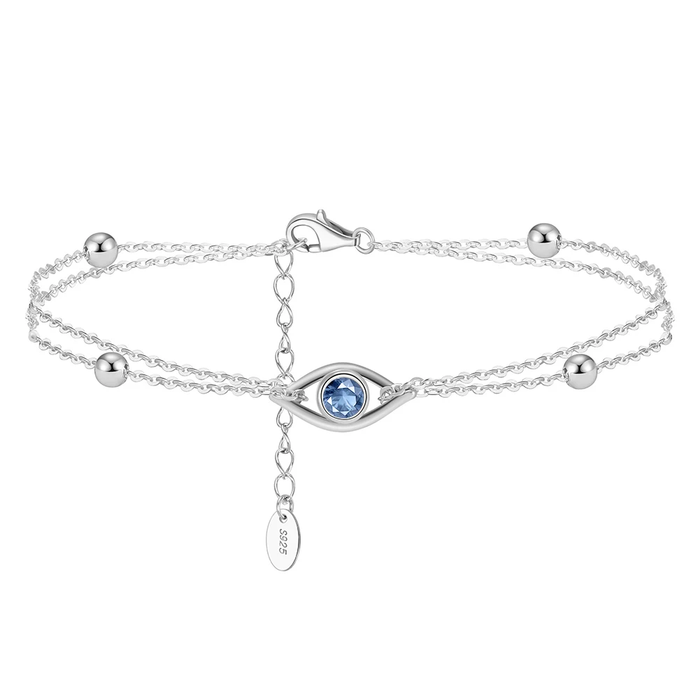 APB04 RINNTIN Pure 925 Sterling Silver Ball Chain Bracelet 14K Gold Plated 2 Layers Evil Eyes Bracelet for Women