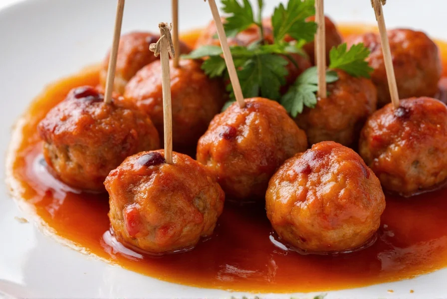 Close-up of glossy chili sauce and grape jelly meatballs on white platter with toothpicks, garnished with fresh parsley