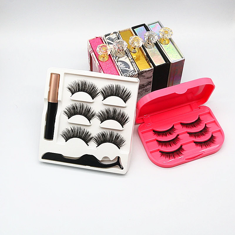 

Popular magnetic mink eyelashes and eyeliner with private label magnetic lash case, Natural black