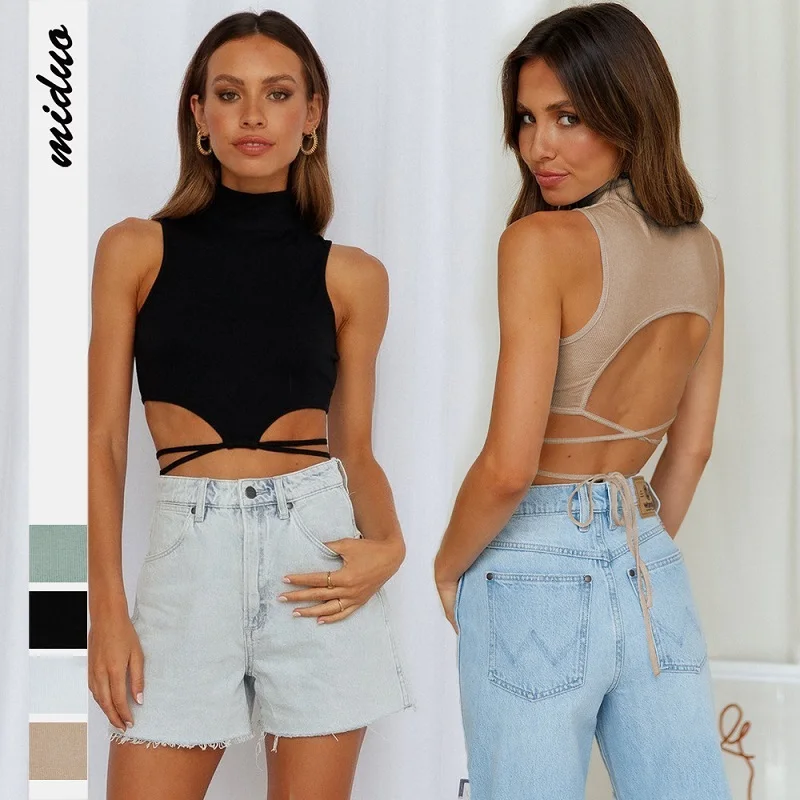 

High collar Ultra Short Crop Tops External wear Rib pit strip vest Solid Color Backless Bandage Blouse Top Women Shirt Top