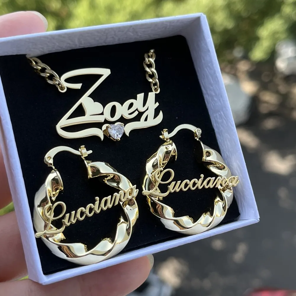QIUHAN Personalized Nameplate Heart Zircon Necklace Letter Name Hoop Earrings Custom Name Jewelry Set